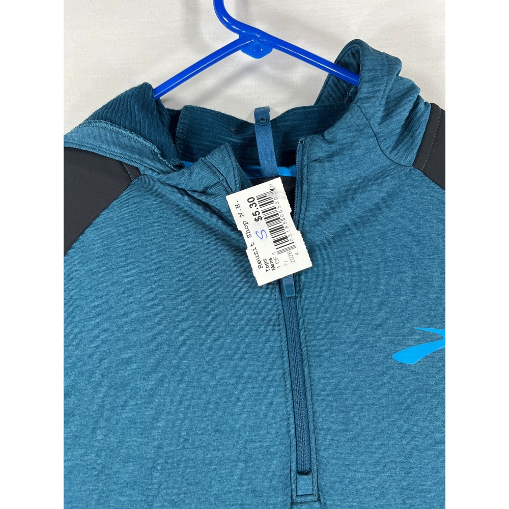 Brooks Run Happy Mens Small Teal Blue 1/4 Zip Hooded Running Pullover Hoodie